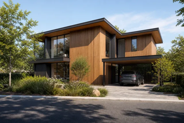 Modern timber residence beside a lake