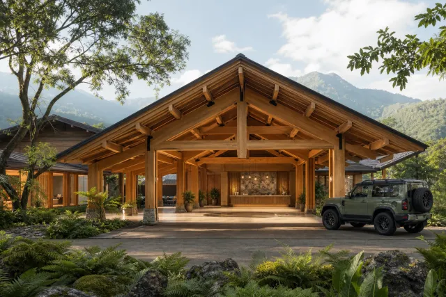Repeatable timber lodge units in a forest resort