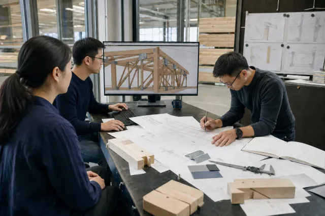 Timber engineers coordinating BIM model and production drawings