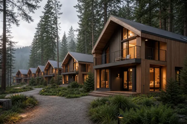 Repeatable timber lodge units in a forest resort
