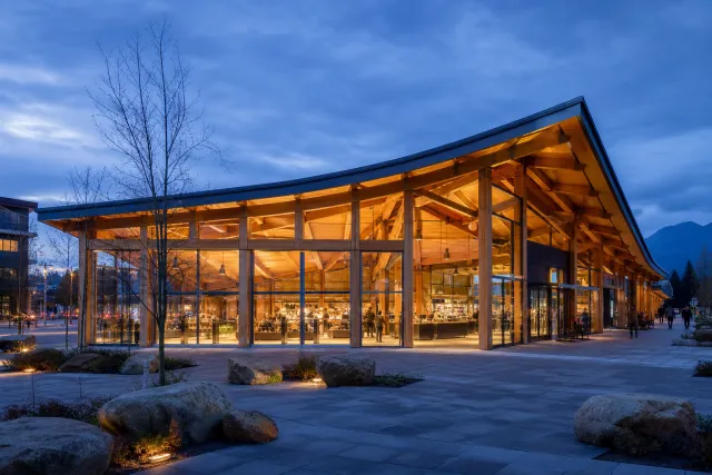 Engineered timber hotel beside a lake