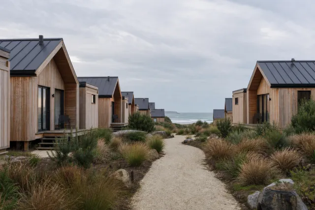 Repeatable timber lodge units in a forest resort