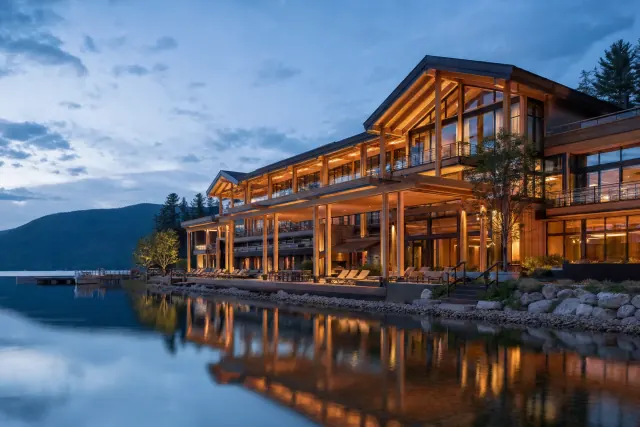 Engineered timber hotel beside a lake