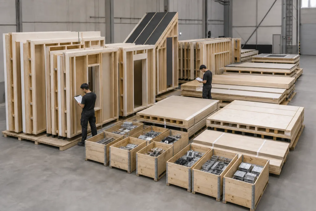 Prefabricated timber house components sorted and prepared for export