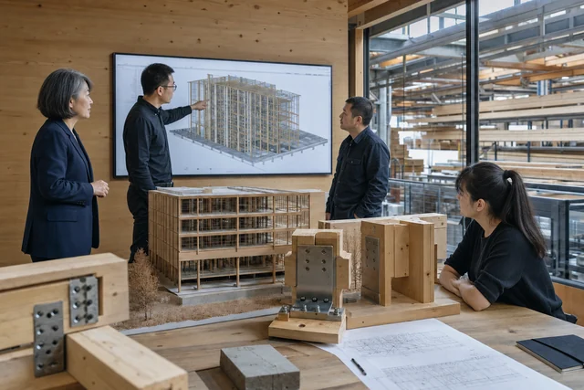 Chinese timber architects reviewing a structural model and engineered joints