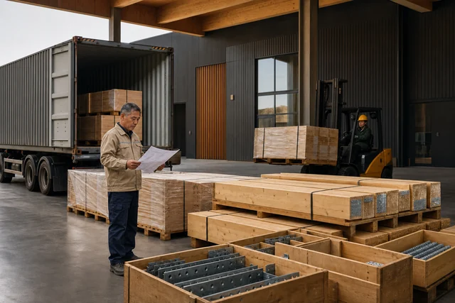 Chinese logistics team preparing a prefabricated timber house kit for international delivery