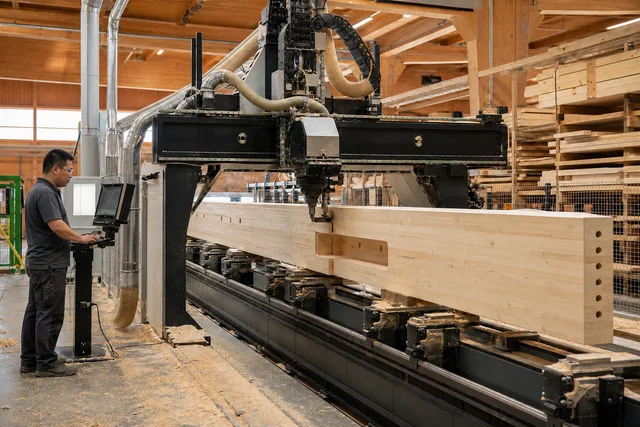 Chinese technician operating precision CNC machining for a glulam beam