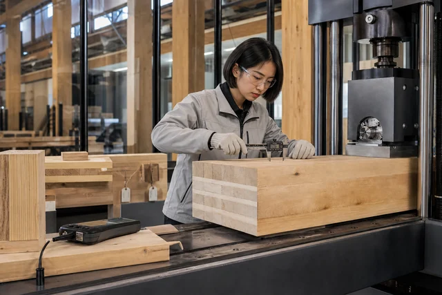 Chinese quality engineer measuring a glulam sample beside structural test equipment